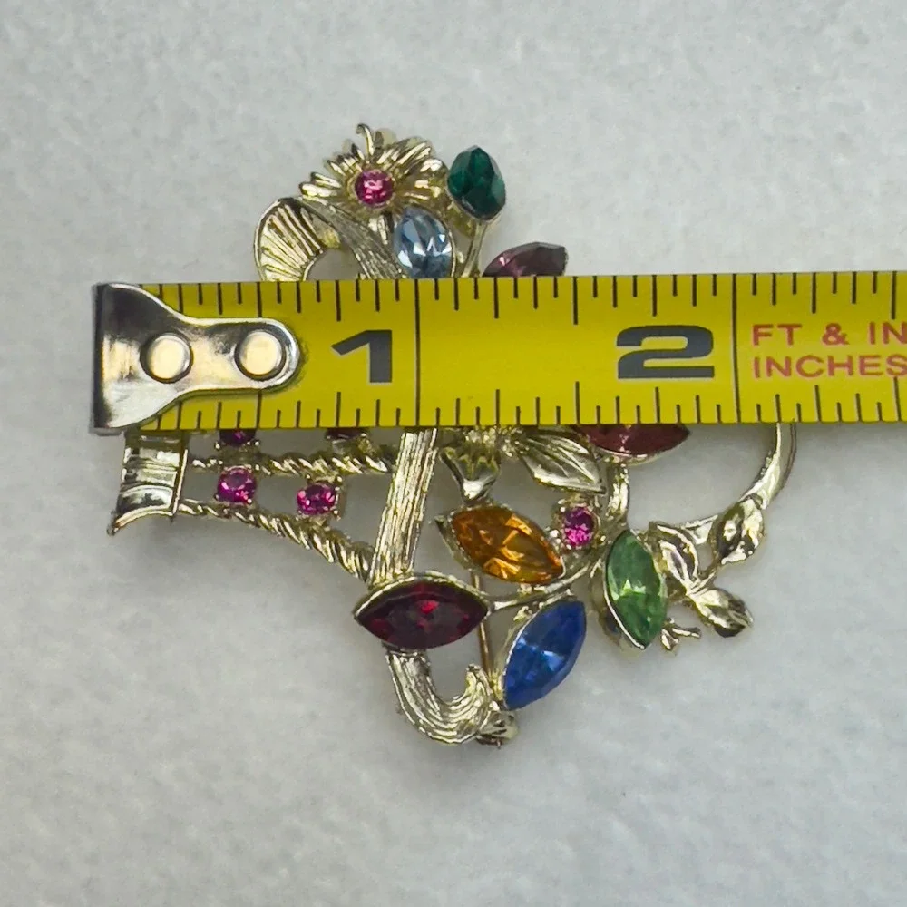 Vintage Gold Tone Rhinestone Flower‎ Basket Brooch Multicolor Floral Pin